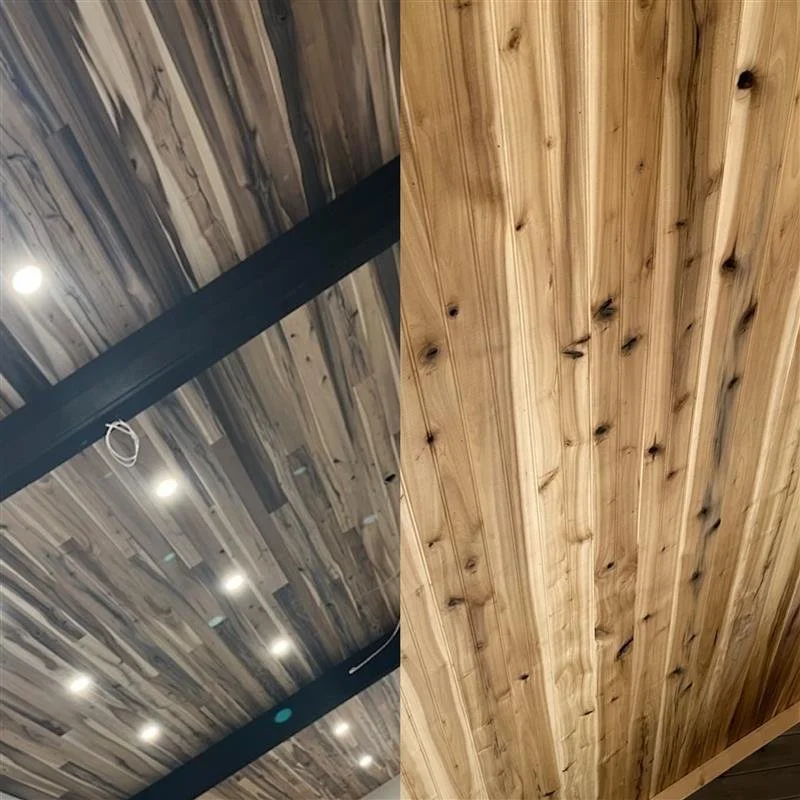 Side-by-side comparison of rainbow poplar and regular poplar tongue and groove boards.