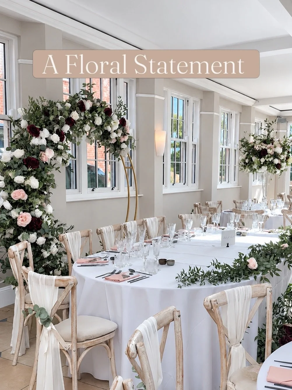 A Floral Statement

Statement florals have the ability to completely transform a space, bringing colour, elegance and impact to your wedding reception.

For this beautiful setting, we combined our elevated centrepieces with a rich palette of burgundy