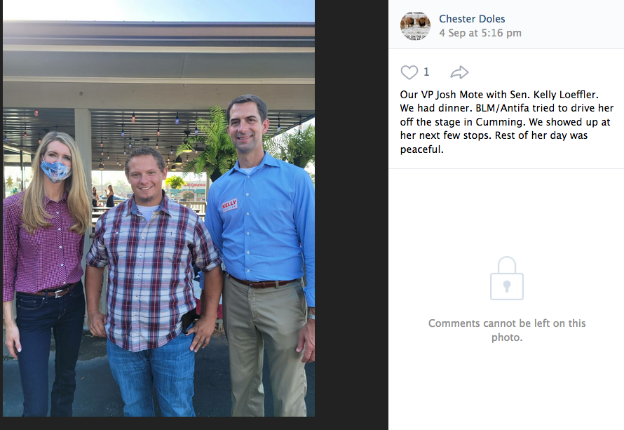 Doles provided more details on APUSA’s interaction with Loeffler in his caption for the photo: “Our VP Josh Mote with Sen. Kelly Loeffler. We had dinner. BLM/Antifa tried to drive her off the stage in Cumming. We showed up at her next few stops. Res…