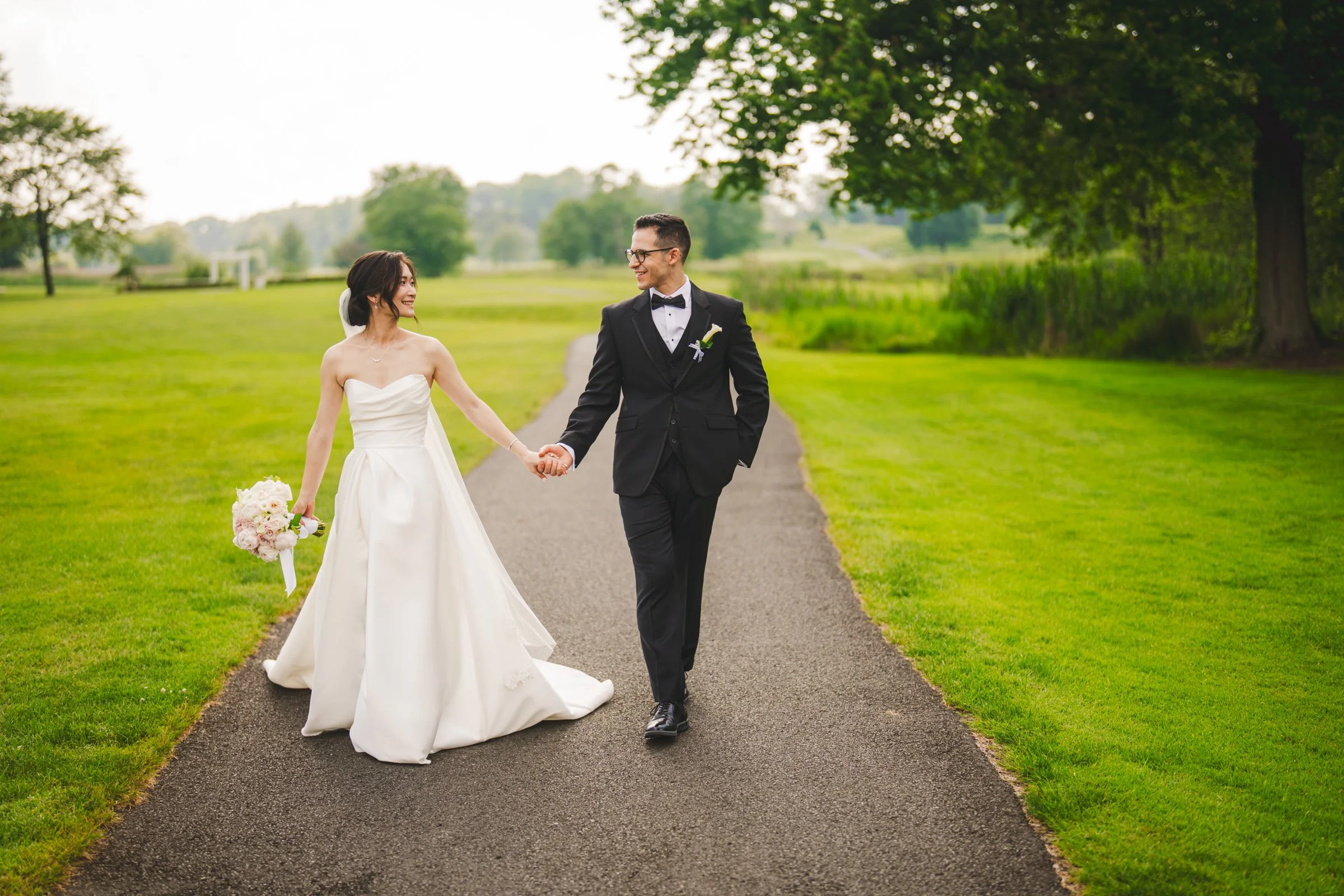 Newlyweds together outdoors at night
