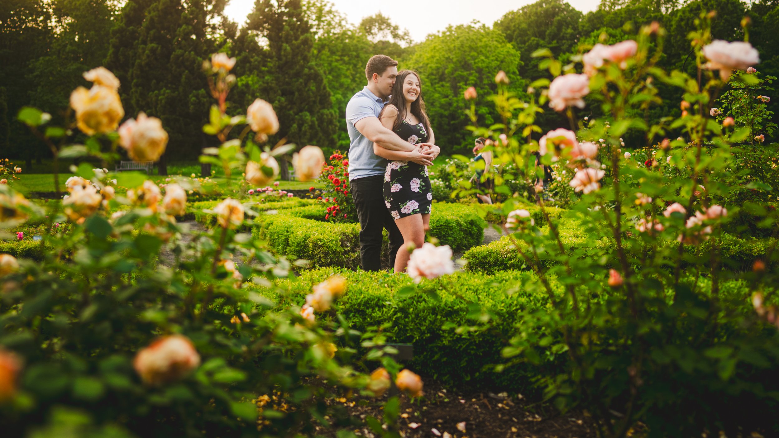 A couple stands in a rose garden surrounded by blooming roses with a backdrop of lush green trees and a bright sky.