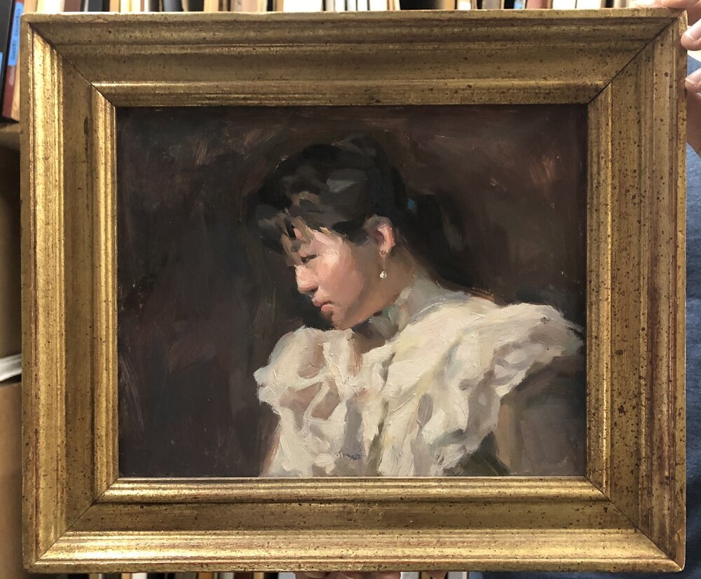 Girl with Earrings, 1999. Oil on masonite, 8 x 10 inches. Framed as pictured.