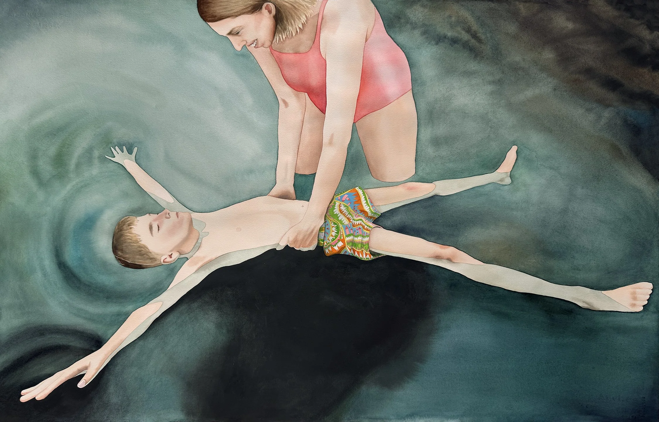Son Learning To Float With Nana