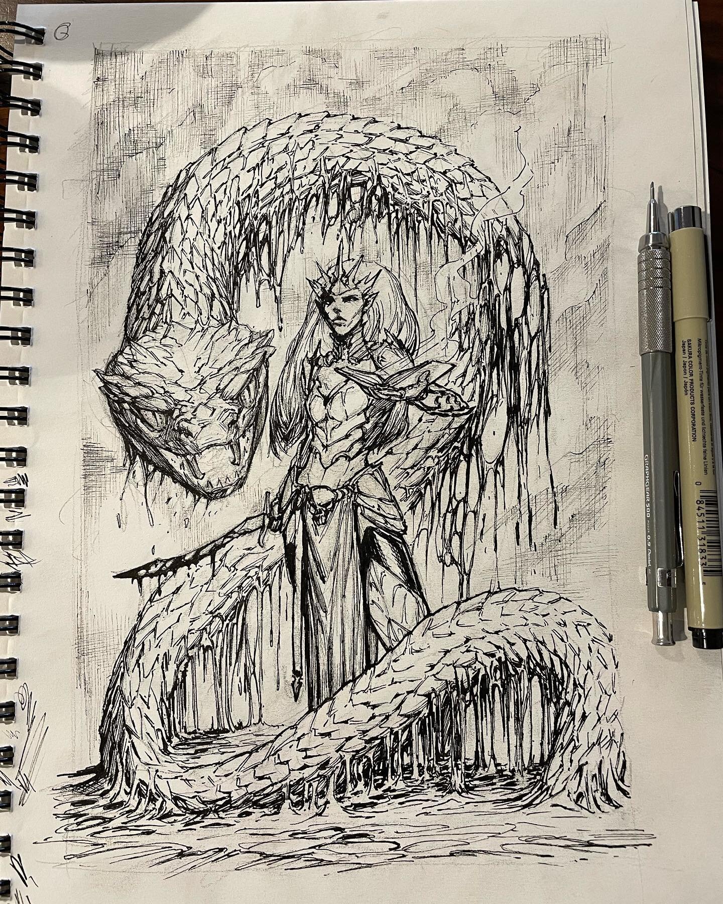 Haven&rsquo;t posted in a minute. Here&rsquo;s an evil elf lady and her magical pet snake made of blood. 
#ageofsigmar #gamesworkshop #daughtersofkhaine #drawing #sketchbook