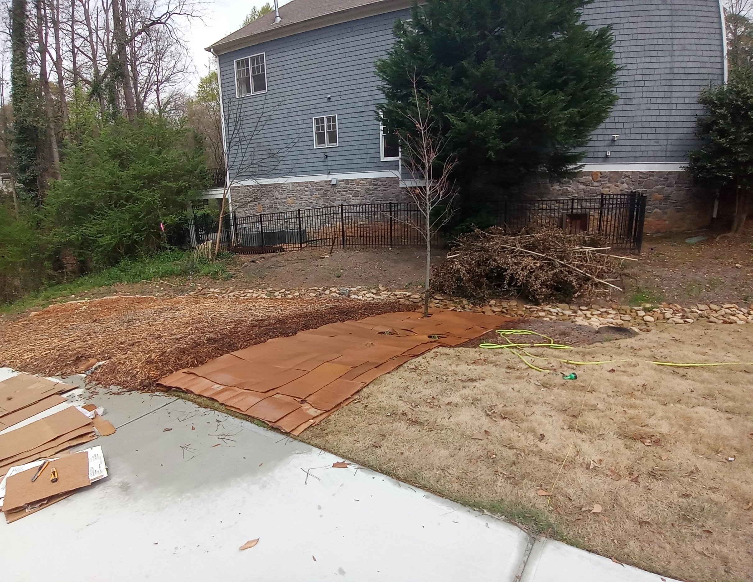  Sheetmulching with cardboard smothers most herbaceous plants when implemented properly and has the added benefit of biodegrading for further soil enrichment down the line. 