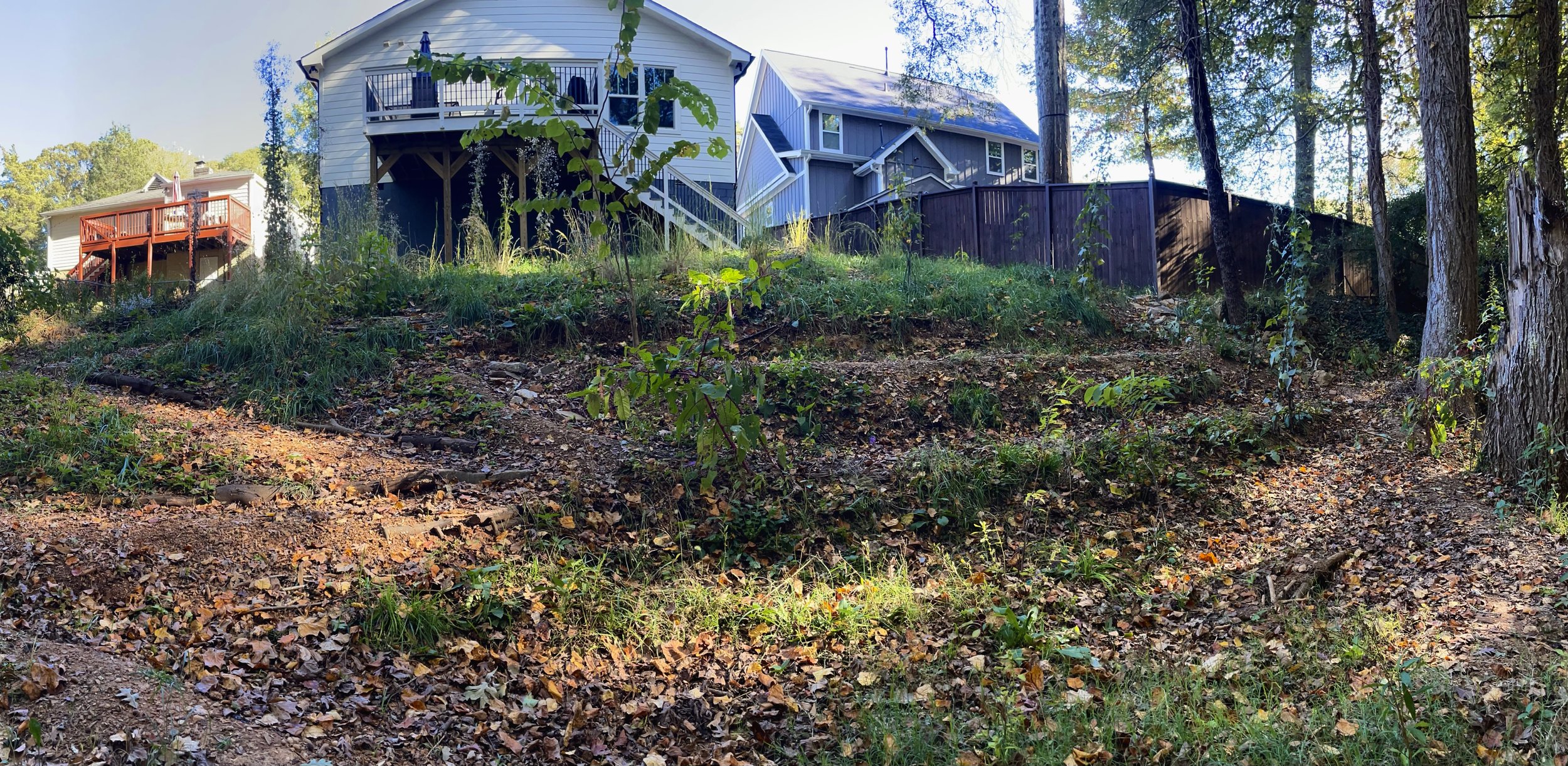  Our earthworks follow the shape of the land. Terraces improve access to difficult slopes and integrate planting beds into the topography where native plant communities can thrive instead of getting washed away. 