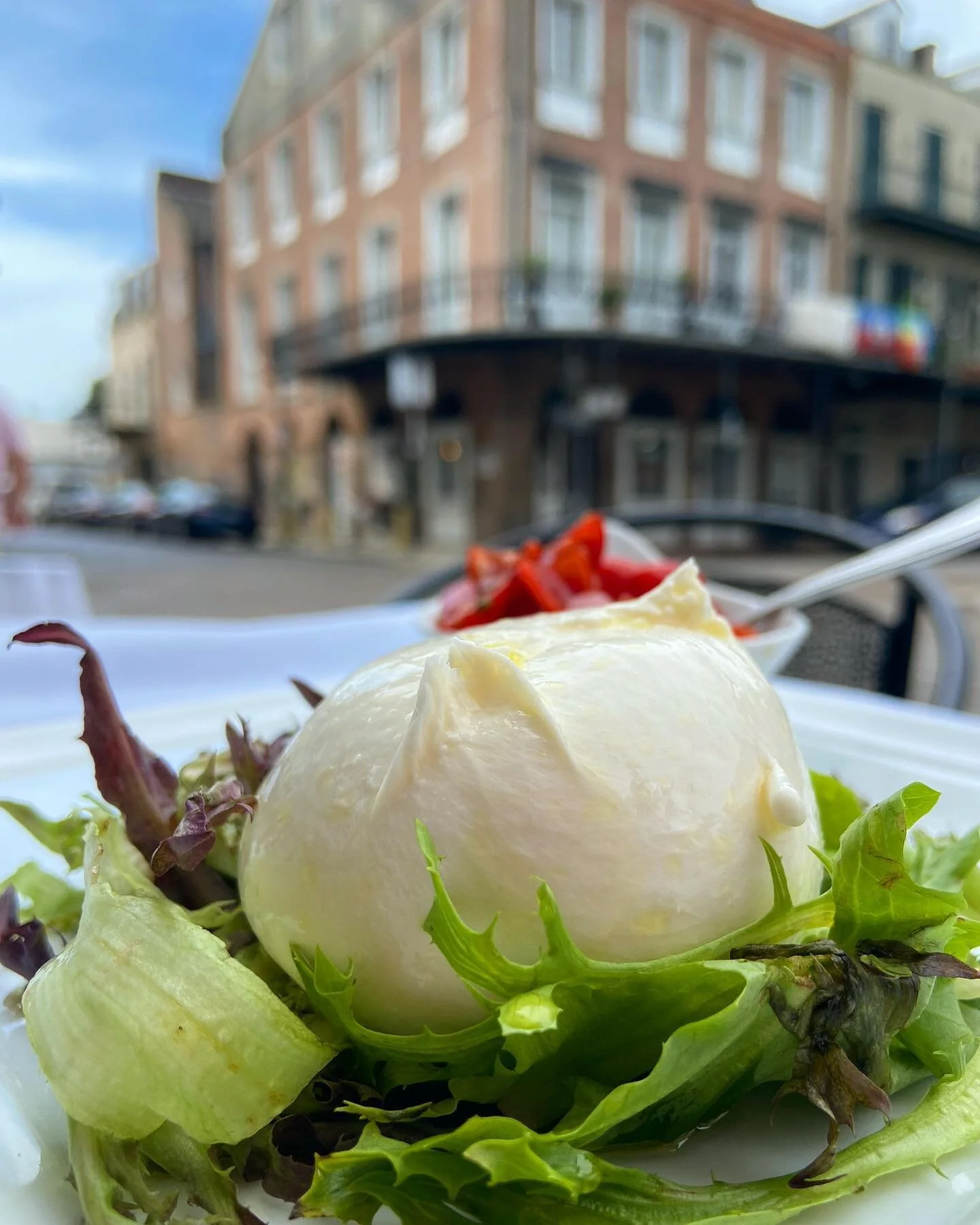Fluffy clouds in the sky over the #frenchquarter, fluffy clouds of fresh cheese and bruschetta 🧀 🍅