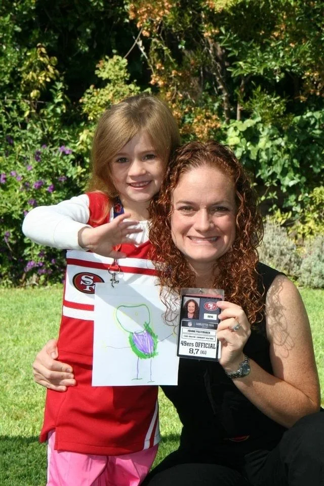 Early 49ers days — Kira, cheerleader, with her hand-drawn credential