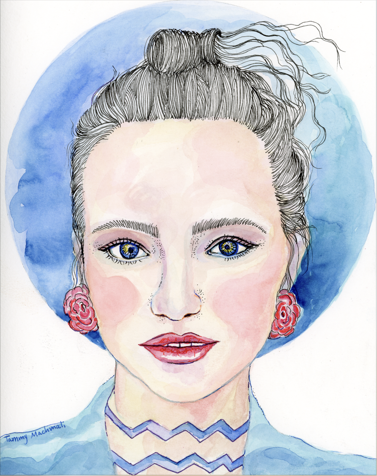 Aquarius - Print  zodiac portrait mix media, ink and watercolor illustration by Tammy Machmali.jpg