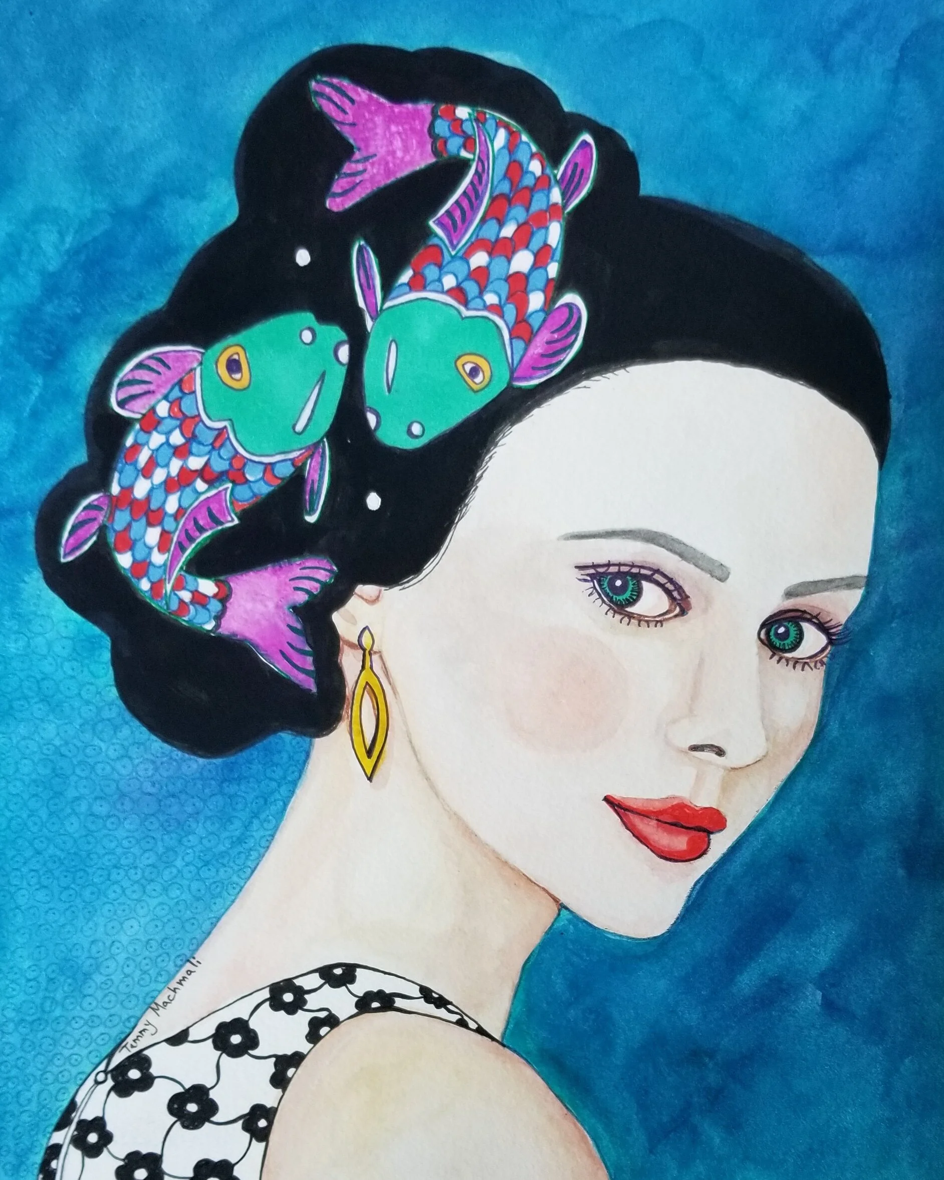 Pisces - Print  zodiac portrait mix media, ink and watercolor illustration by Tammy Machmali.jpg