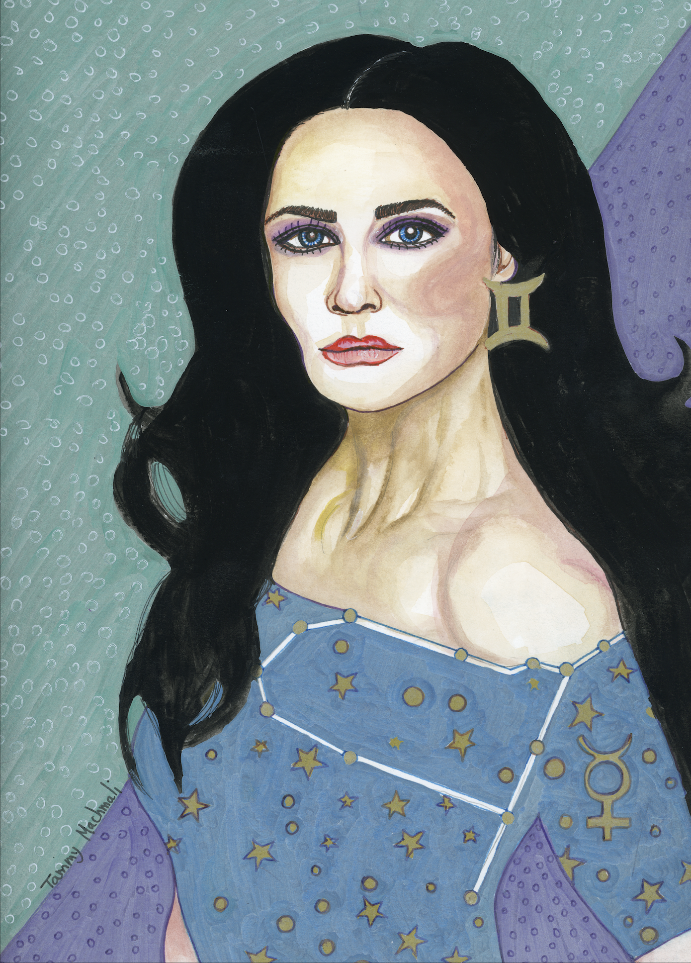 Gemini - Print  zodiac portrait mix media, ink and watercolor illustration by Tammy Machmali.jpg