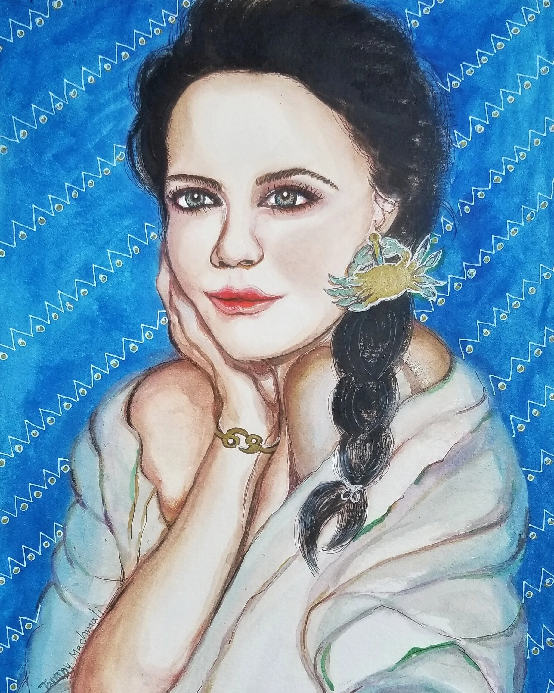 Cancer - Print  zodiac portrait mix media, ink and watercolor illustration by Tammy Machmali.jpg