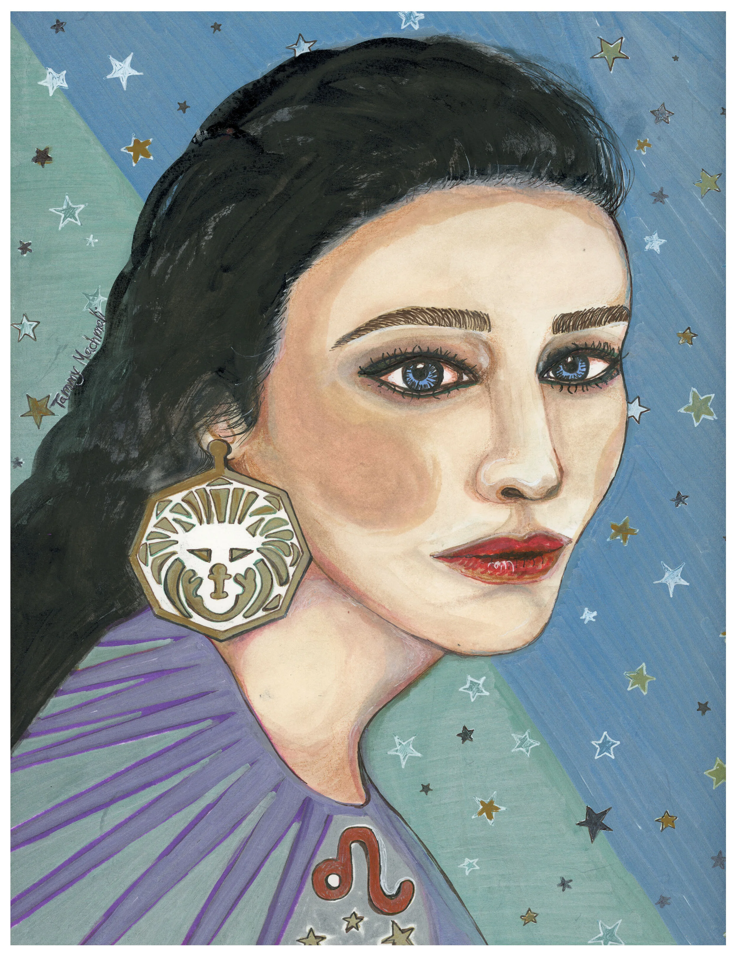 Leo - Print  zodiac portrait mix media, ink and watercolor illustration by Tammy Machmali.jpg