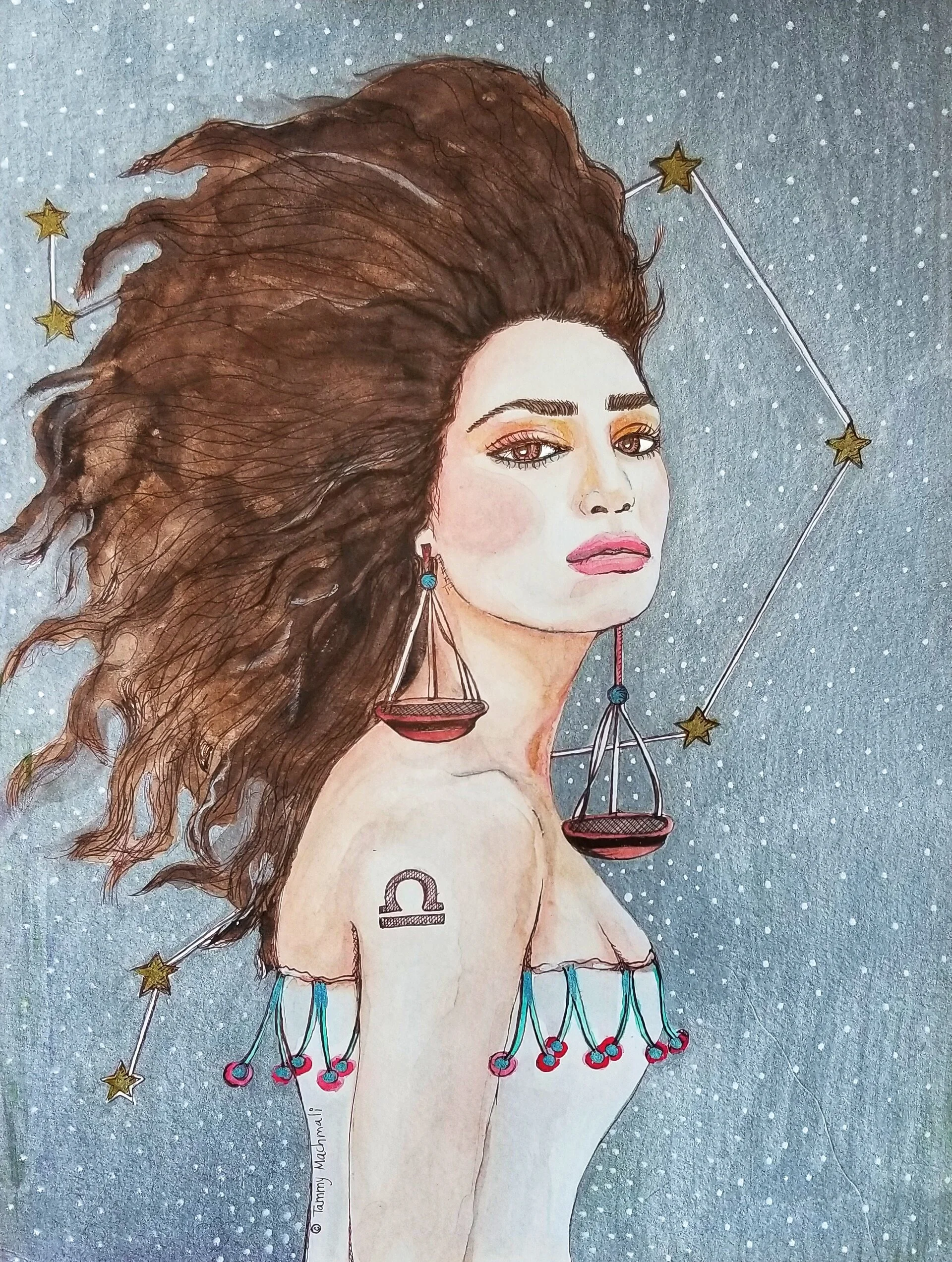 Libra - Print  zodiac portrait mix media, ink and watercolor illustration by Tammy Machmali.jpg