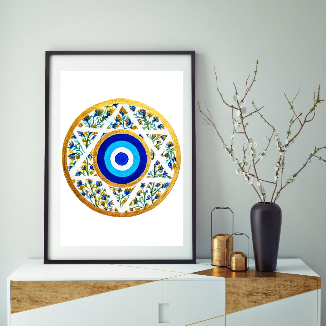 a watercolor spiritual abstract circular floral painting with Magen David and Evil Eye protection (available in black frame) by Tammy Machmali (Copy) (Copy)