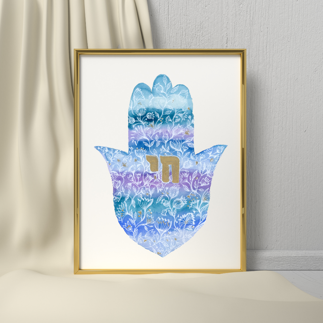 This contemporary spiritual embellished symbolic watercolor Hamsa by tammy machmali
