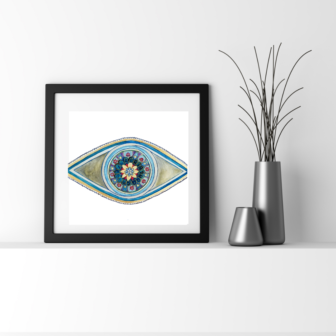 Mix-media-red-blue-and gold-watercolor embellished eye mandala print by tammy machmali / available framed. Great for gift.jpg