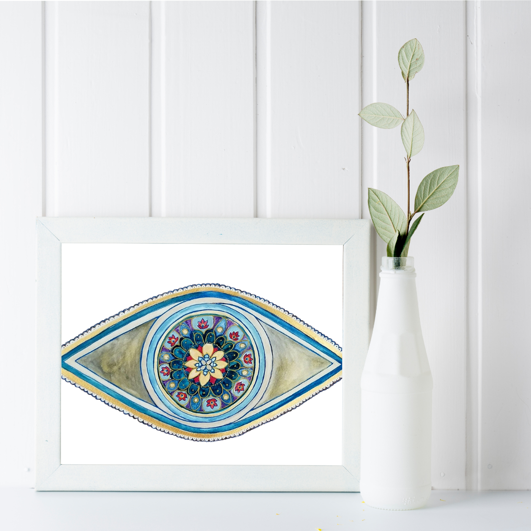 Mix-media-red-blue-and gold-watercolor embellished eye mandala print by tammy machmali / available framed. Great for gift.jpg