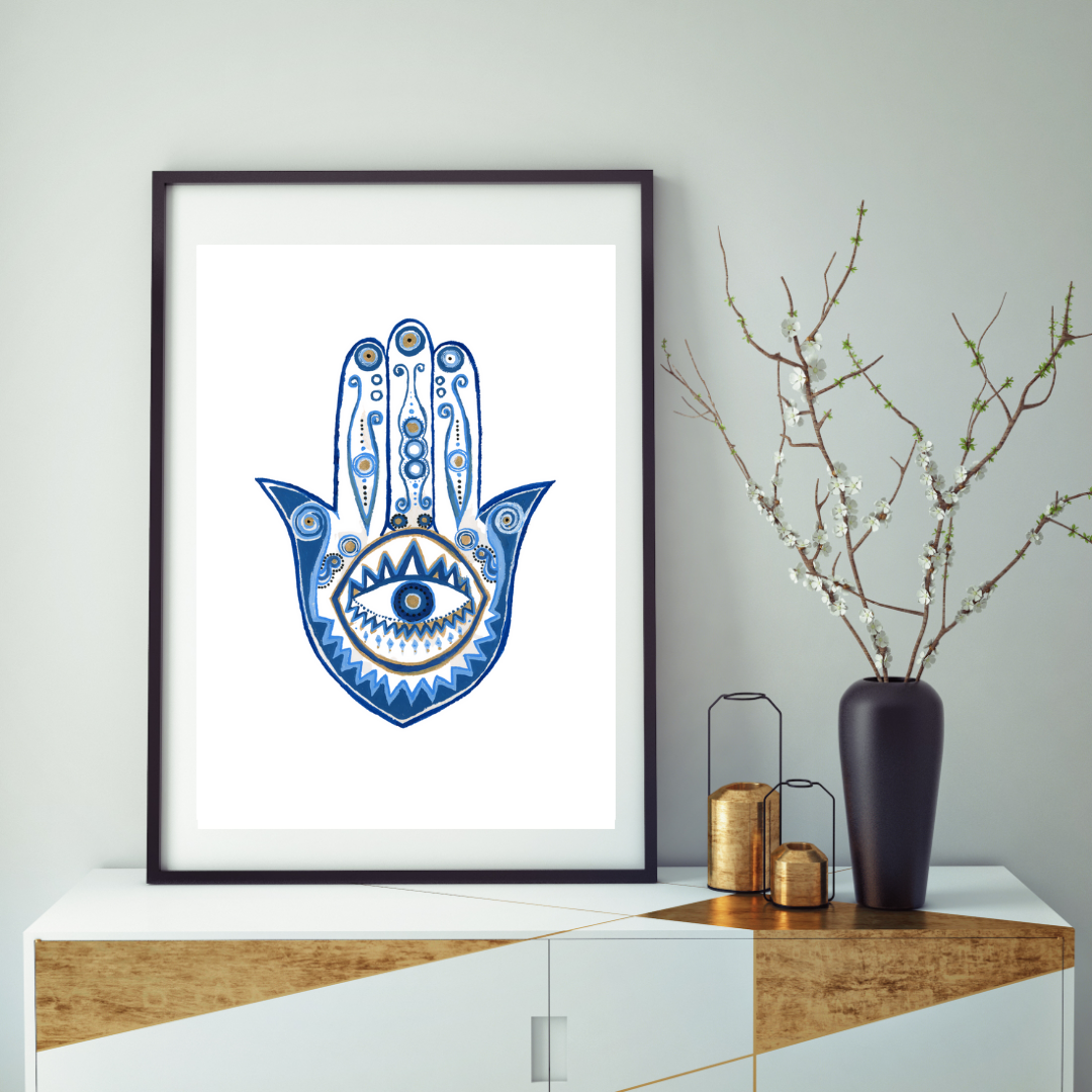 Mix-media-black-blue-and gold-embellished Hamsa with evil eye protection and prayer print by tammy machmali / available framed. Great for gift.jpg
