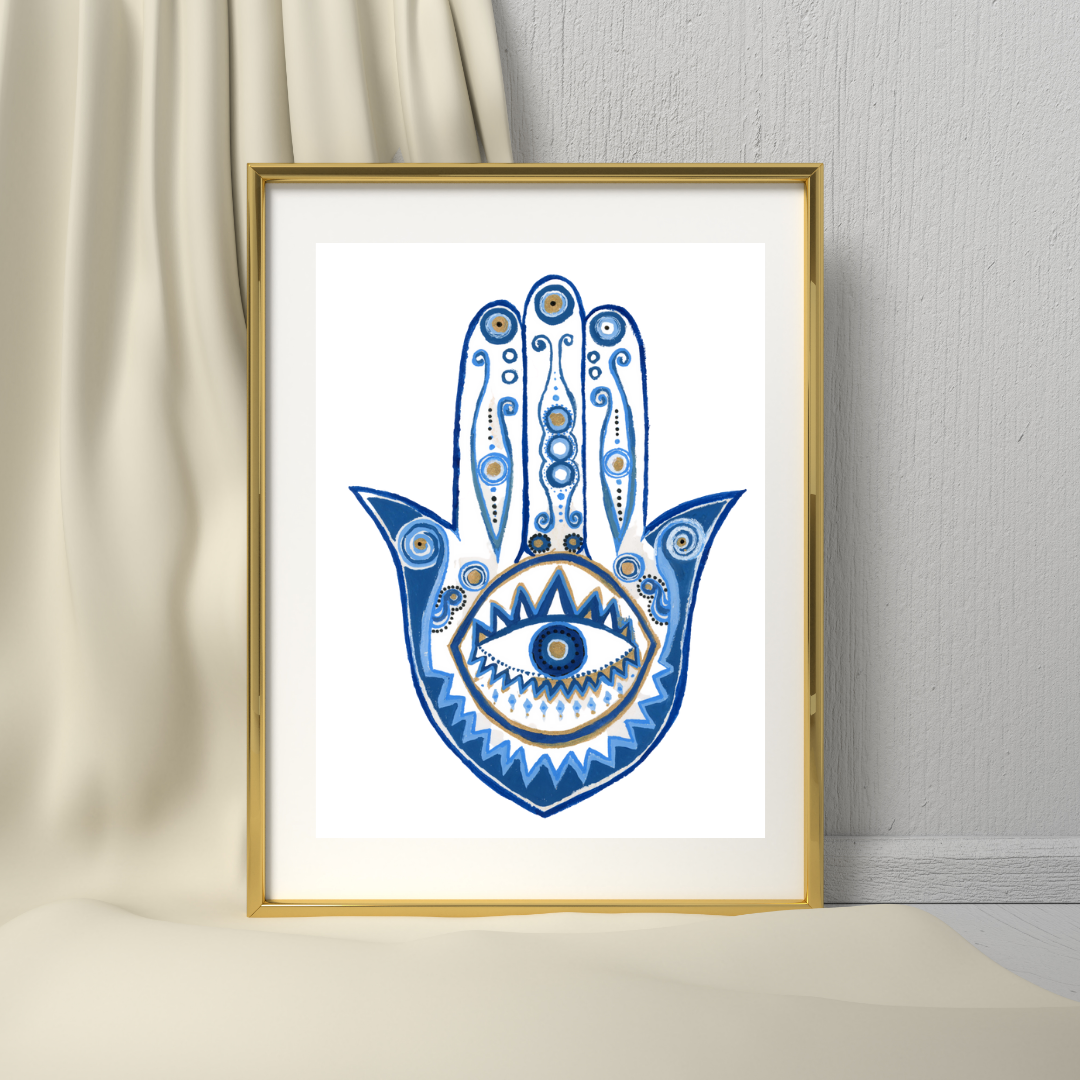 Mix-media-black-blue-and gold-embellished Hamsa with evil eye protection and prayer print by tammy machmali / available framed. Great for gift.jpg