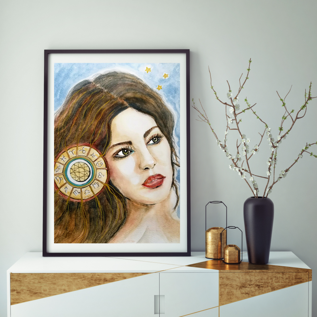 Zodiac Diva - Print  zodiac portrait mix media, ink and watercolor illustration by Tammy Machmali.jpg