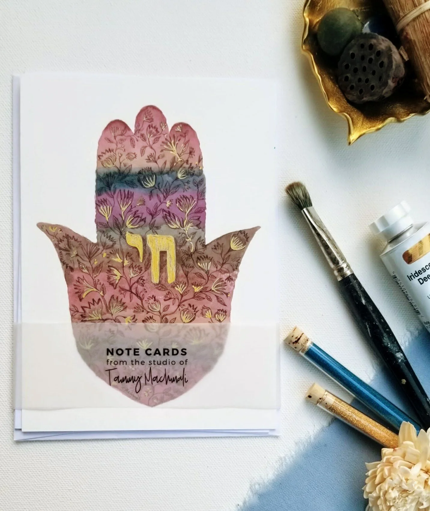 Delightful Moments / Set of 3 hamsa חי folded note cards floral earthy tones by Tammy Machmali
