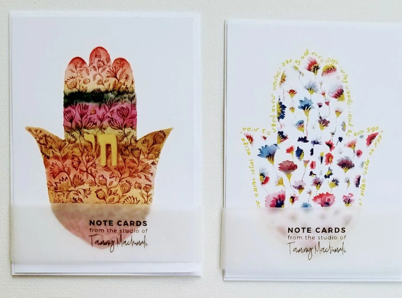 Delightful Moments / Set of 3 hamsa חי folded note cards floral earthy tones by Tammy Machmali