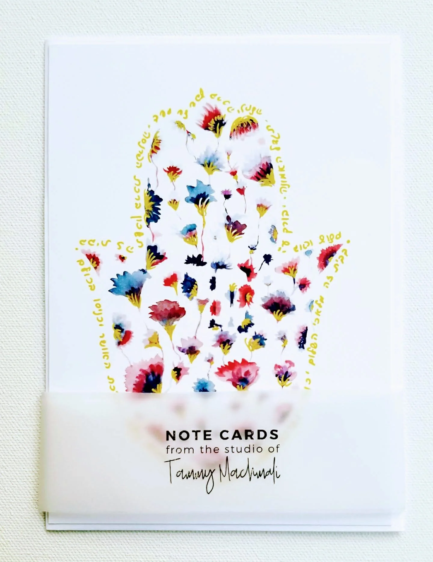 Delightful Moments / Set of 3 hamsa חי folded note cards floral blue and red by Tammy Machmali