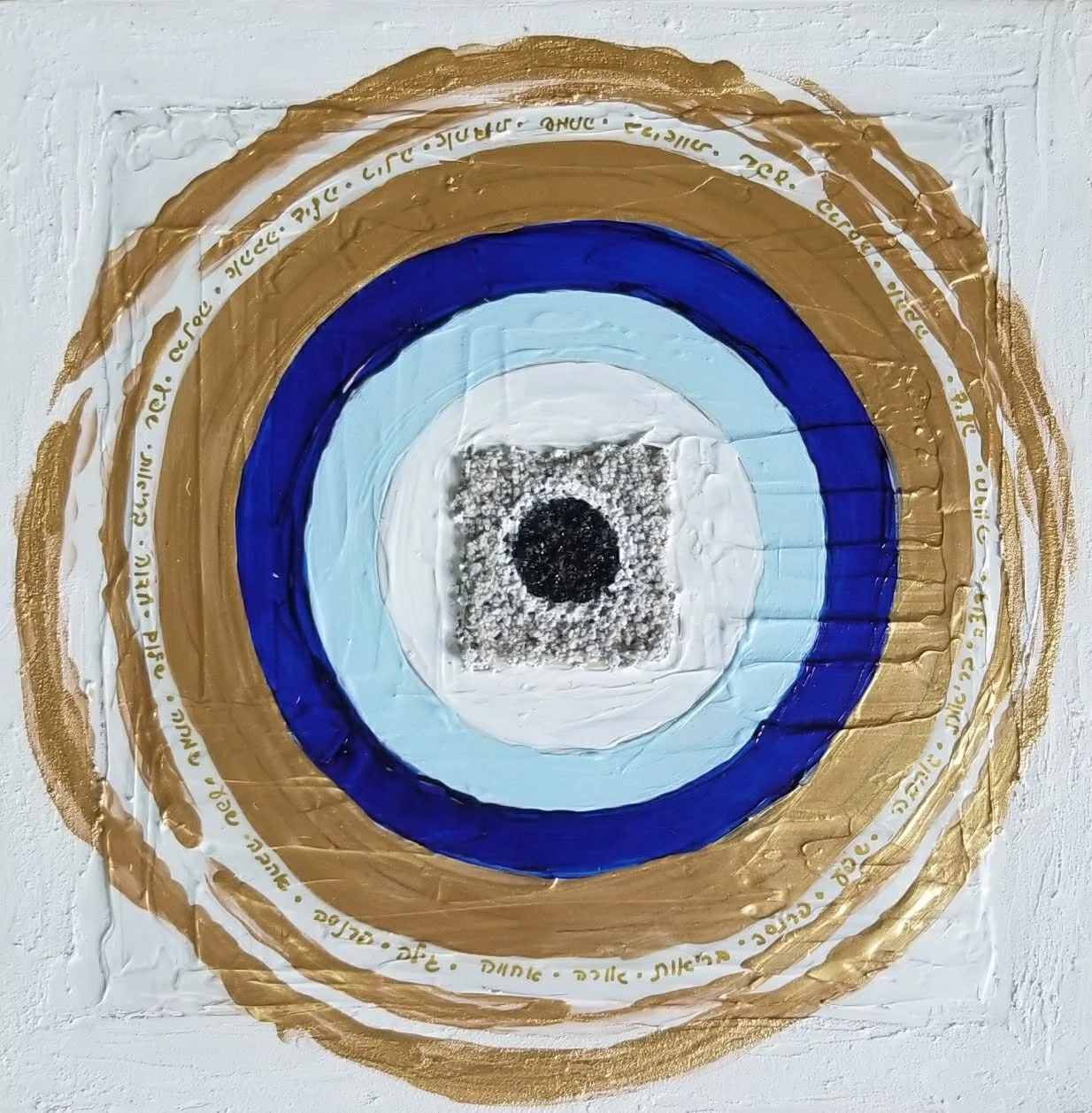 Divine Surrender protection original mix media painting of evil eye with layers of texture with prayer of protection, love and abundance on a wooden Panel by Tammy Machmali
