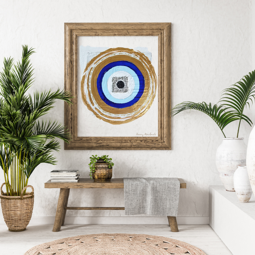 Divine Surrender protection original mix media painting of evil eye with layers of texture with prayer of protection, love and abundance on a wooden Panel by Tammy Machmali
