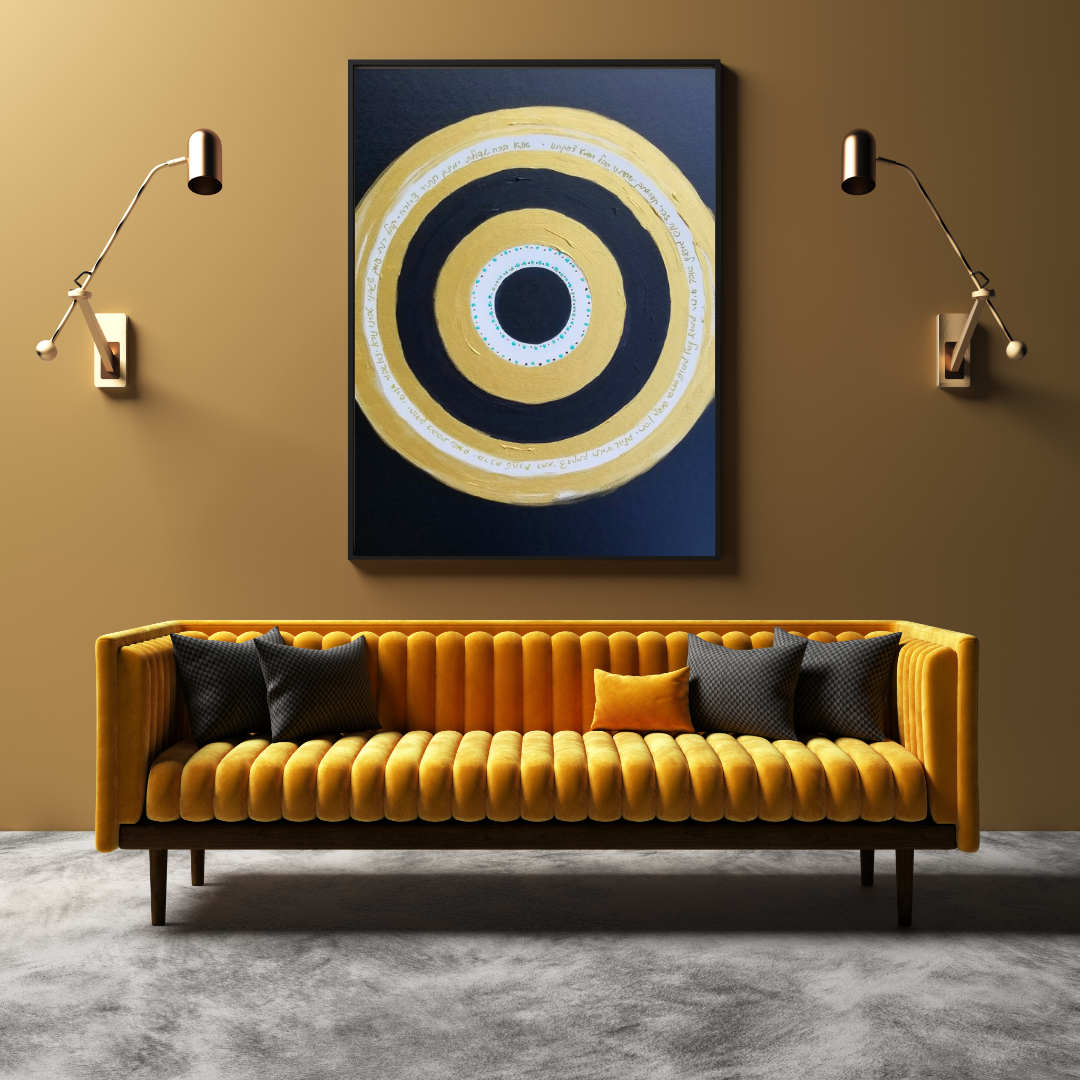Heavenly Protection Circle - evil eye! Original art - Mixed Media Painting on A Canvas w Gold paint/Handwritten Ana Bekoach prayer by Tammy Machmali