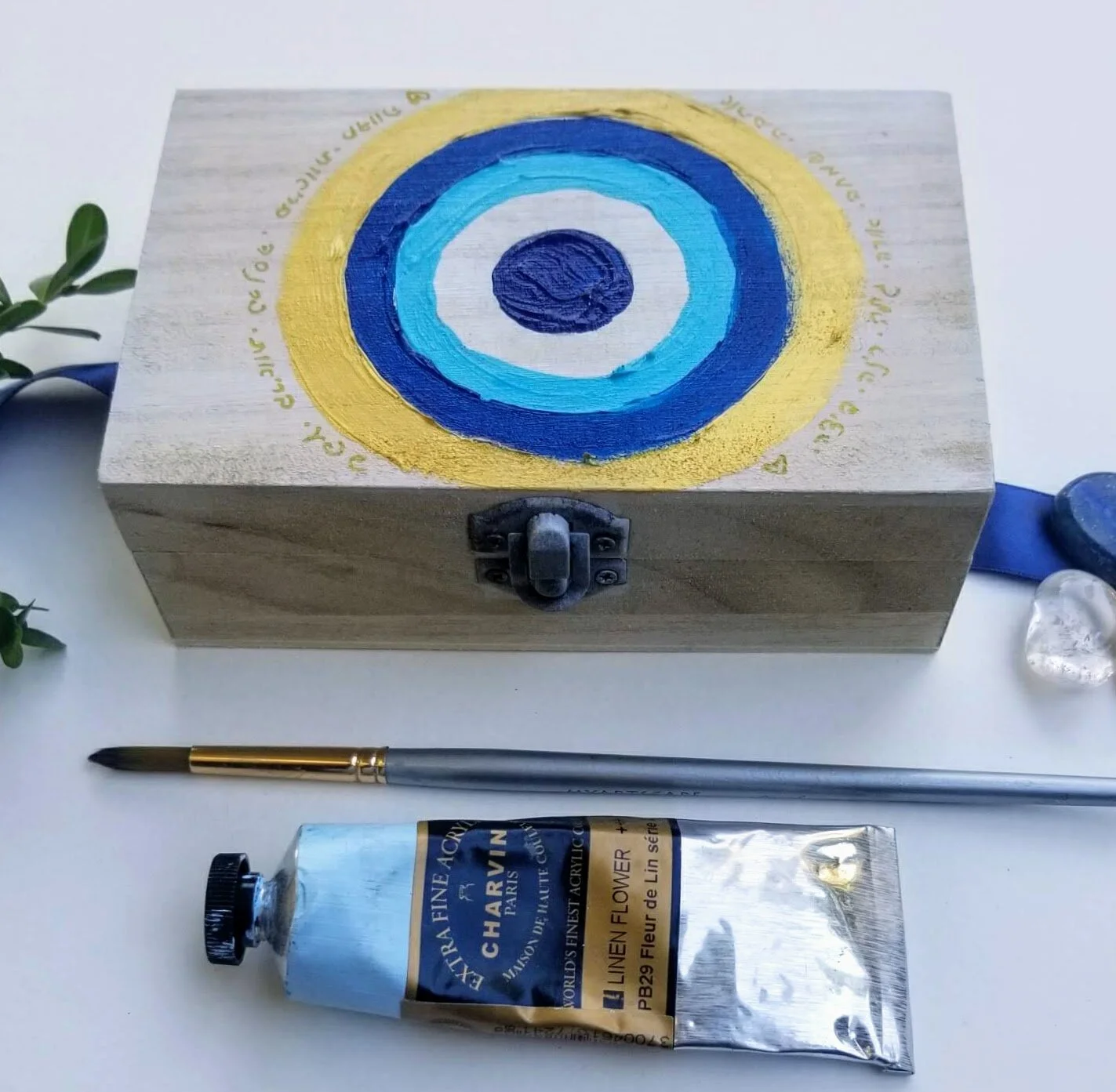 Handmade wooden Evil Eye God Box  /Off White