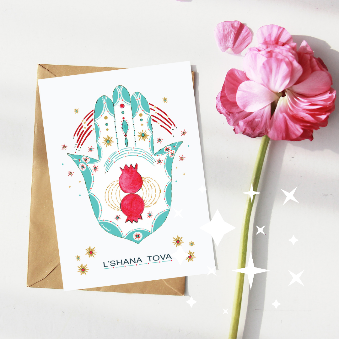 L'shana Tova / Set of 3 folded note cards 5x7"- Hamsa pomegranate- watercolor mix media to send to your loved one. by tammy machmali