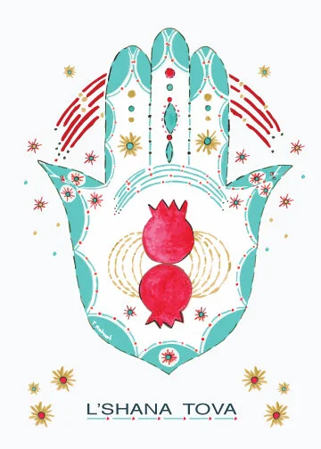L'shana Tova / Set of 3 folded note cards 5x7"- Hamsa pomegranate- watercolor mix media to send to your loved one. by tammy machmali