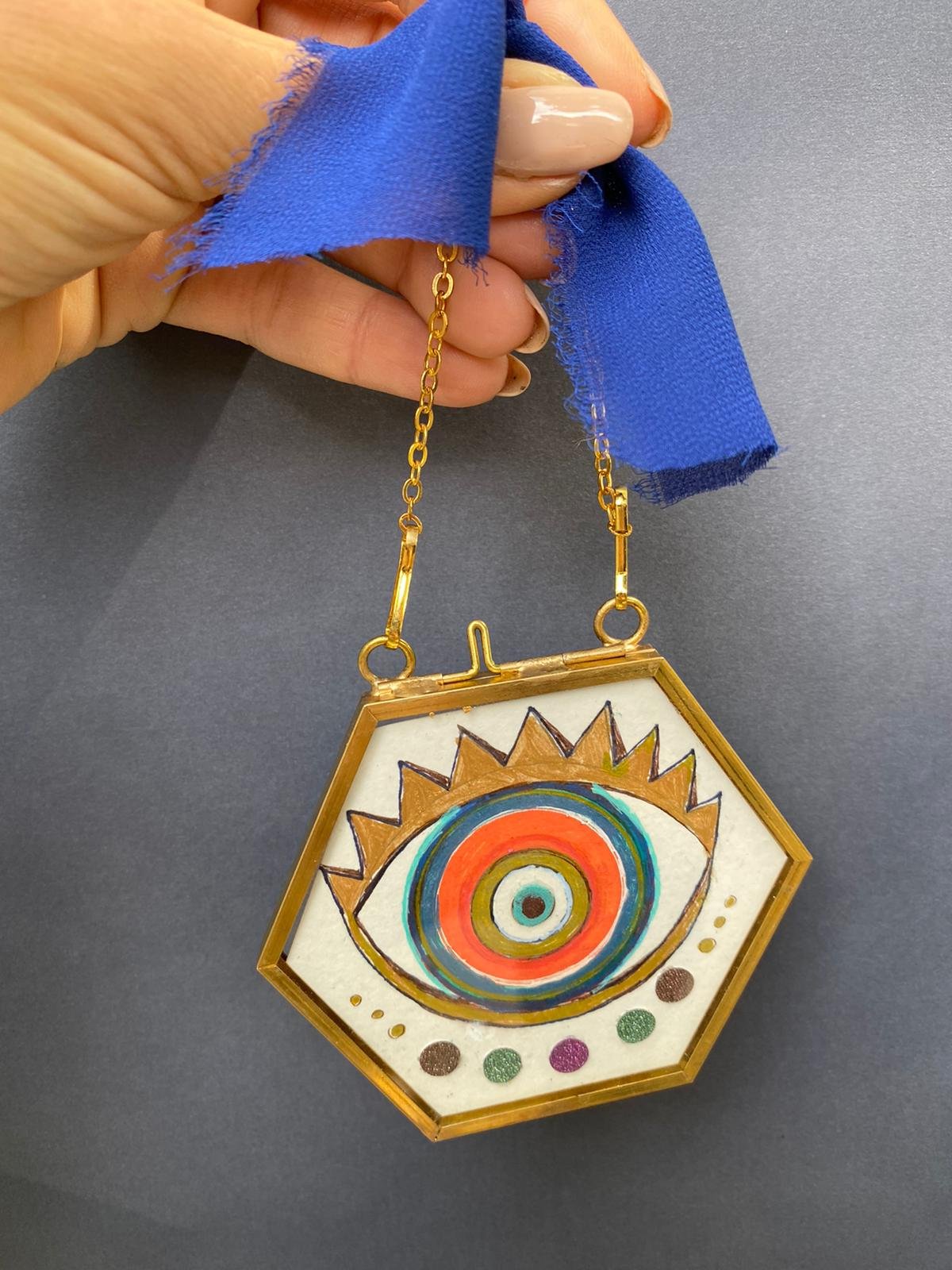 eternal-starry-orange-evil-eyes-hexagon-mini-wall-hanging-ornaments-by-tammy-machmali