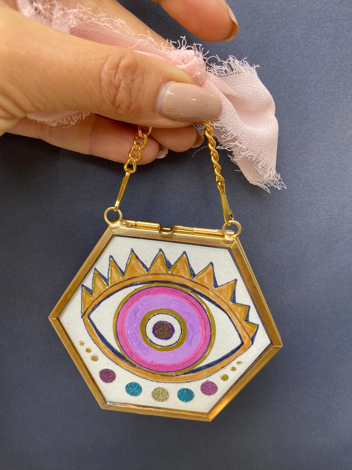 eternal-starry-pink-evil-eyes-hexagon-mini-wall-hanging-ornaments-by-tammy-machmali