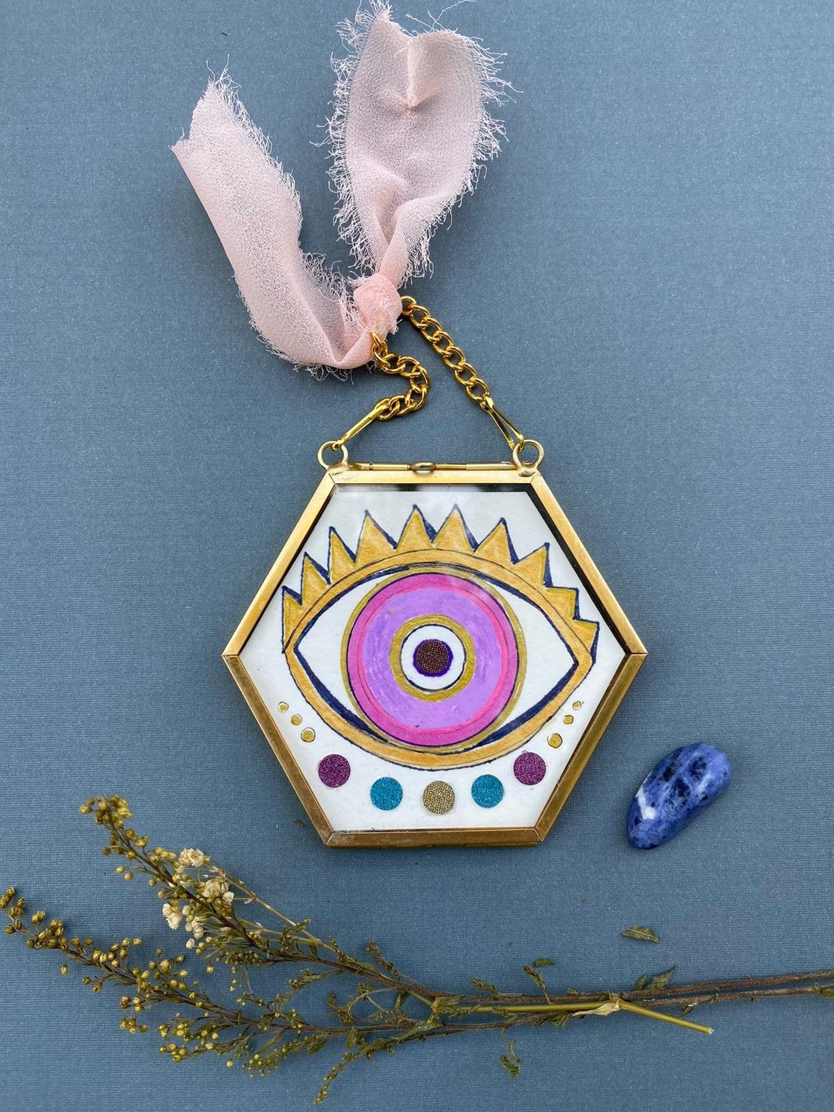 eternal-starry-pink-evil-eyes-hexagon-mini-wall-hanging-ornaments-by-tammy-machmali