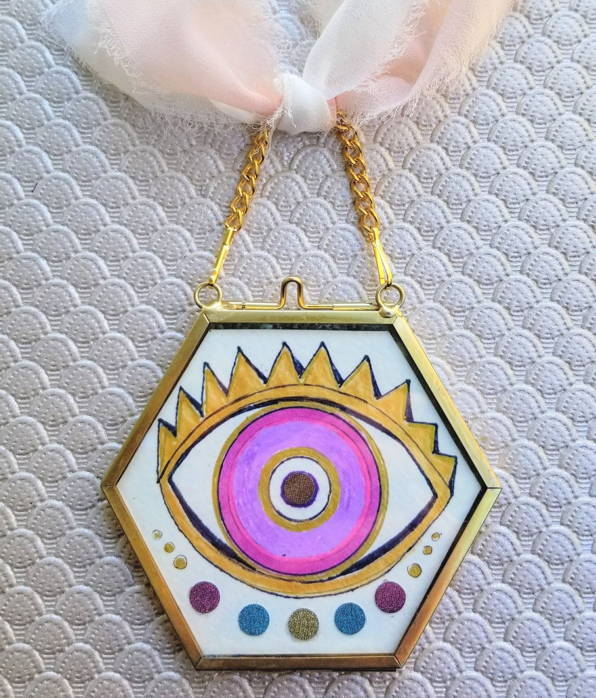 eternal-starry-pink-evil-eyes-hexagon-mini-wall-hanging-ornaments-by-tammy-machmali
