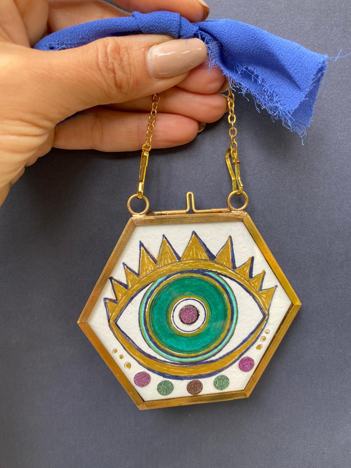 eternal-starry-green-evil-eyes-hexagon-mini-wall-hanging-ornaments-by-tammy-machmali
