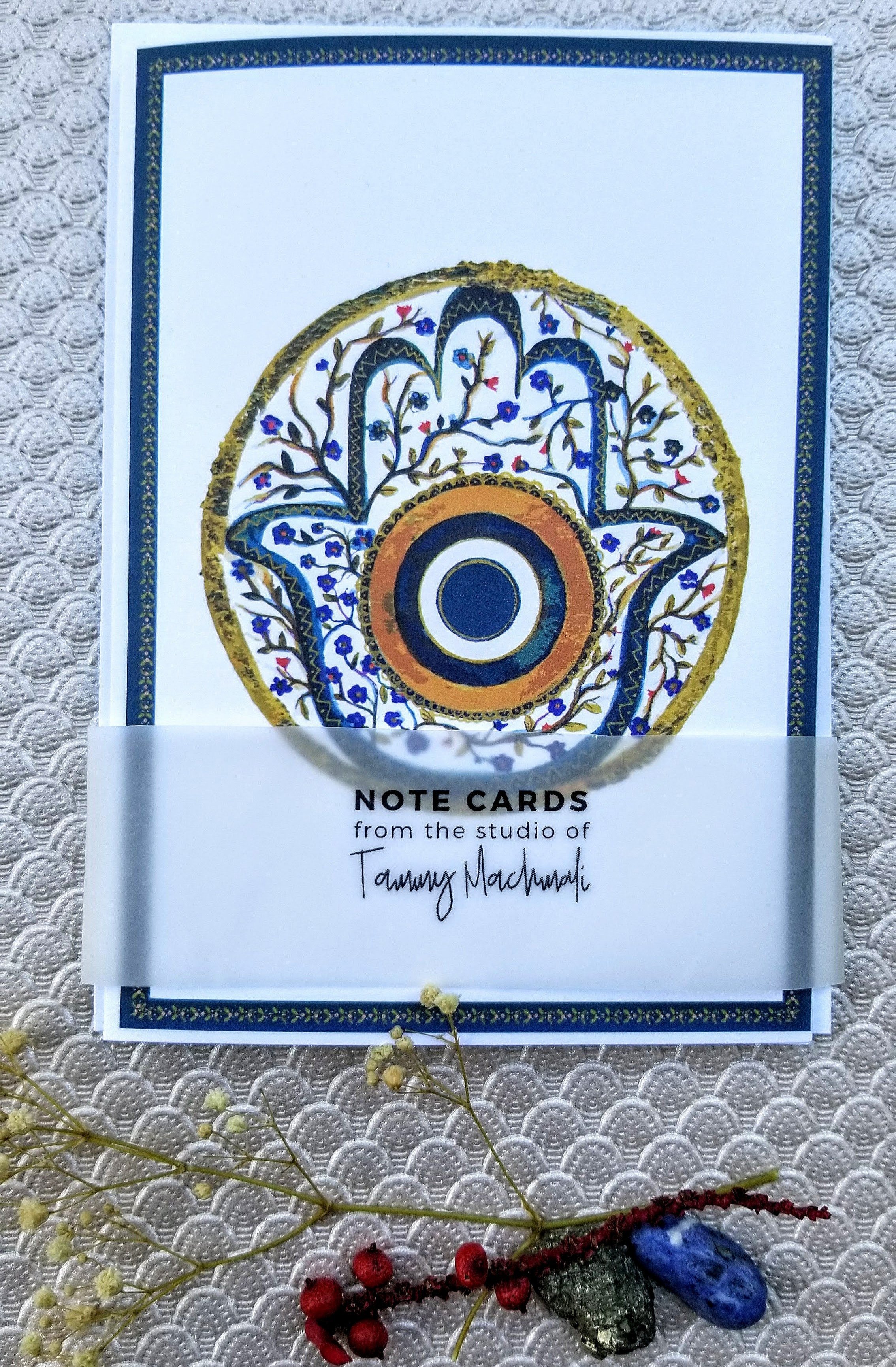 Blue Floral Garden/ Set of 3 hamsa folded note cards