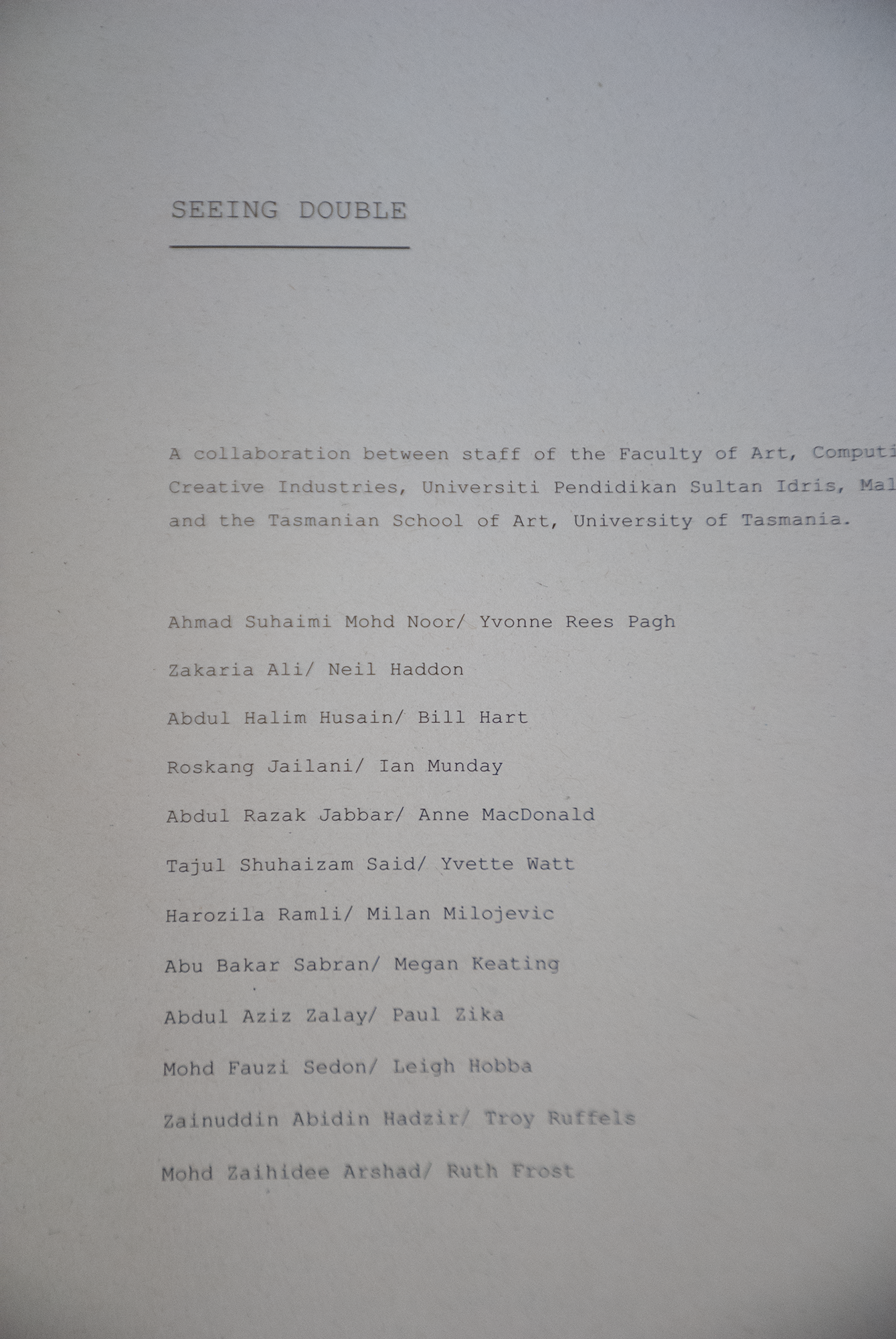 A page with the title Seeing Double. Below is a description of the collaboration and the names of the persons who participated or contributed
