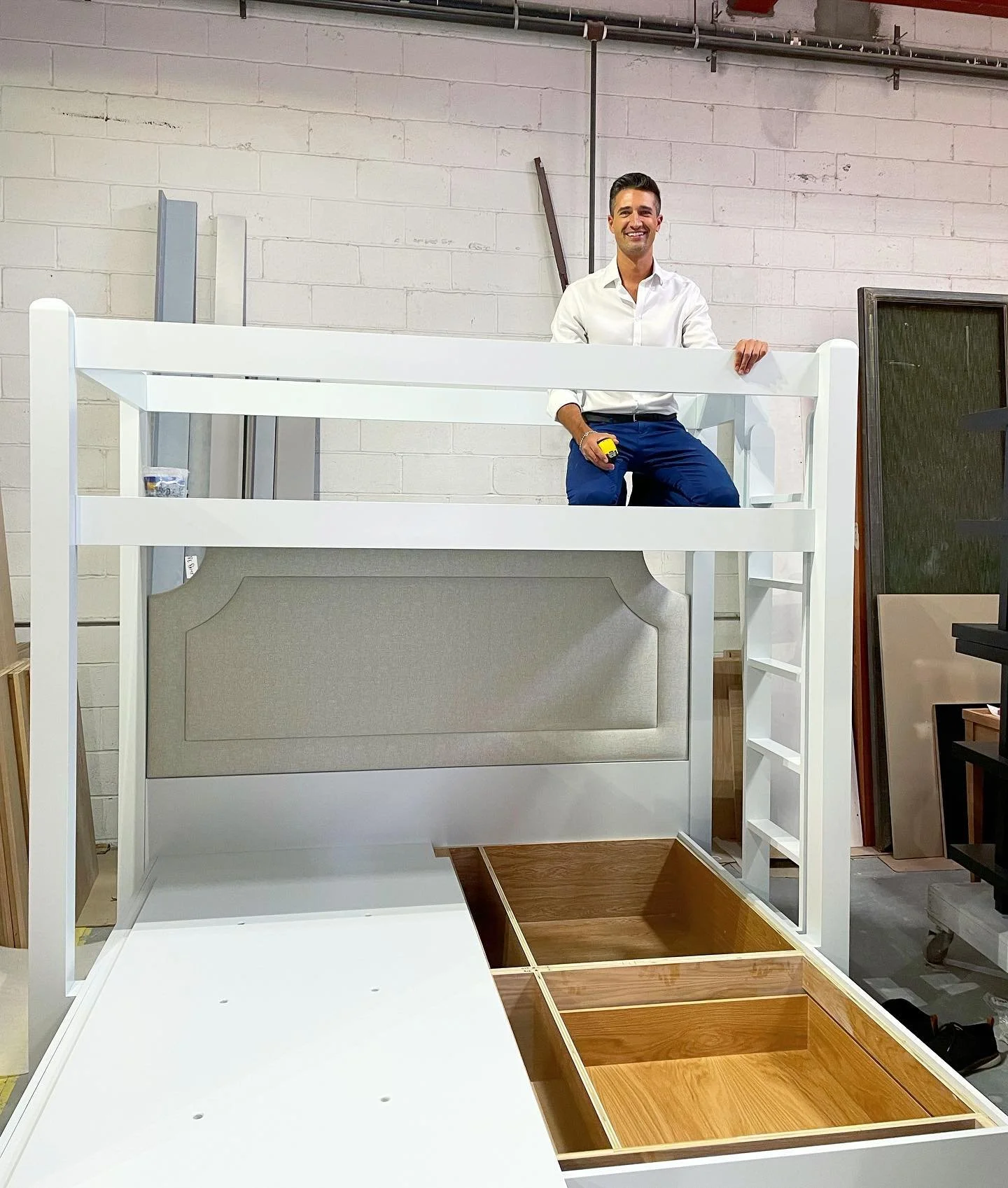 Inspecting 1 of 2 custom bunk beds which are shipping to a project in Mustique next week, so excited to see these beautiful pieces installed and made up!
