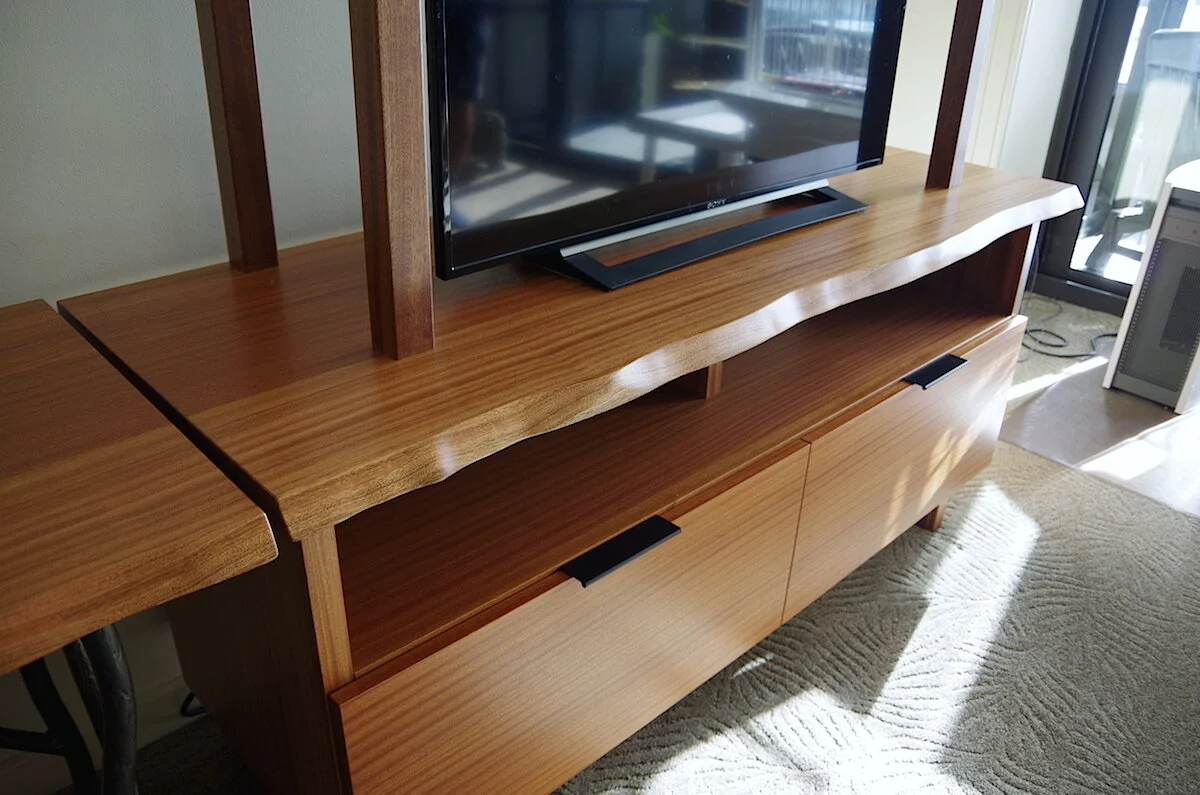 Custom media console with display shelves