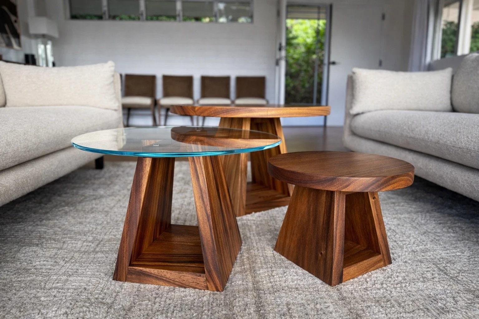 A Custom Monkeypod Coffee Table Set with Modern Geometric Design