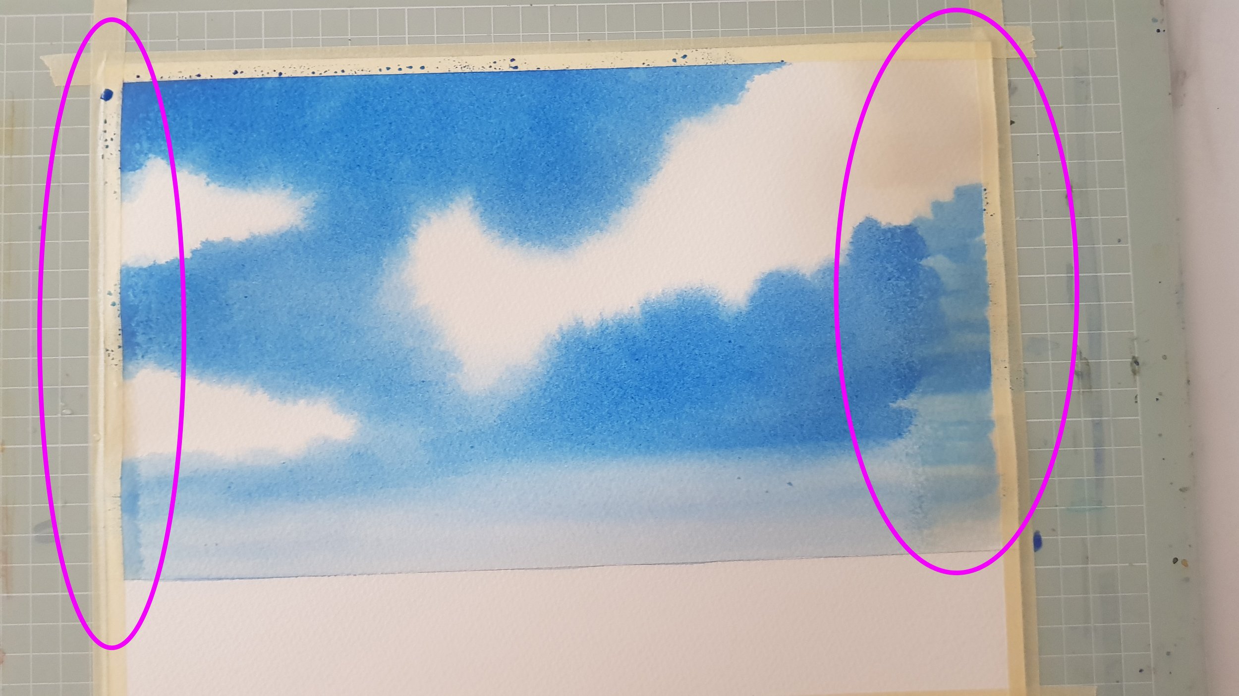 Watercolor Paper Gone Bad - paint and water sinking into the paper. Colors look muted. Yellowing of the paper. Water moves sideways under the masking tape.