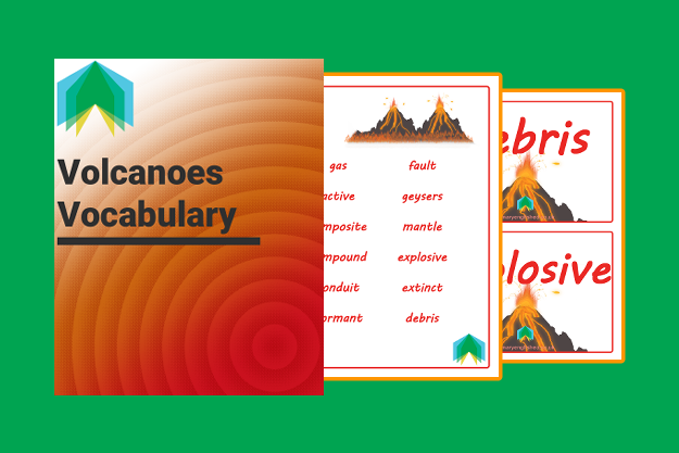Screenshots of the resources found in the Volcanoes Vocabulary Pack.