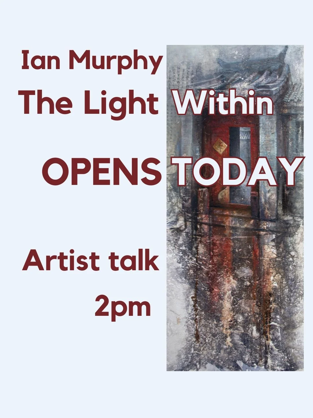 Ian Murphy: The Light Within Opens Today

10am &ndash; 4pm 

Please join us for a short talk by Ian at 2pm in the gallery

The exhibition is open Sundays to Fridays until 13 February with Free Entry

https://www.theheseltinegallery.org.uk/exhibitions