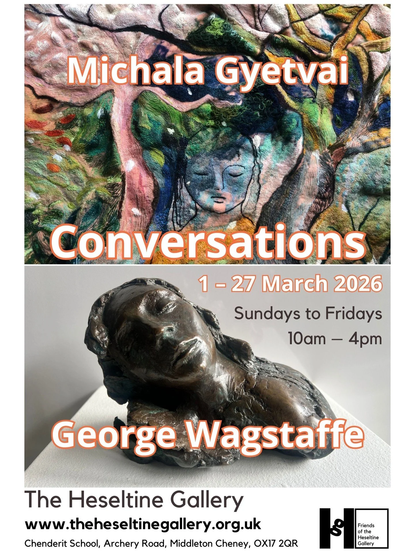Our next exhibition Conversations by Michala Gyetvai and George Wagstaffe opens on Sunday 1 March with a stunning display of textiles, paintings, sculpture and poetry.

The artists will be in the gallery from around midday and giving a talk about the