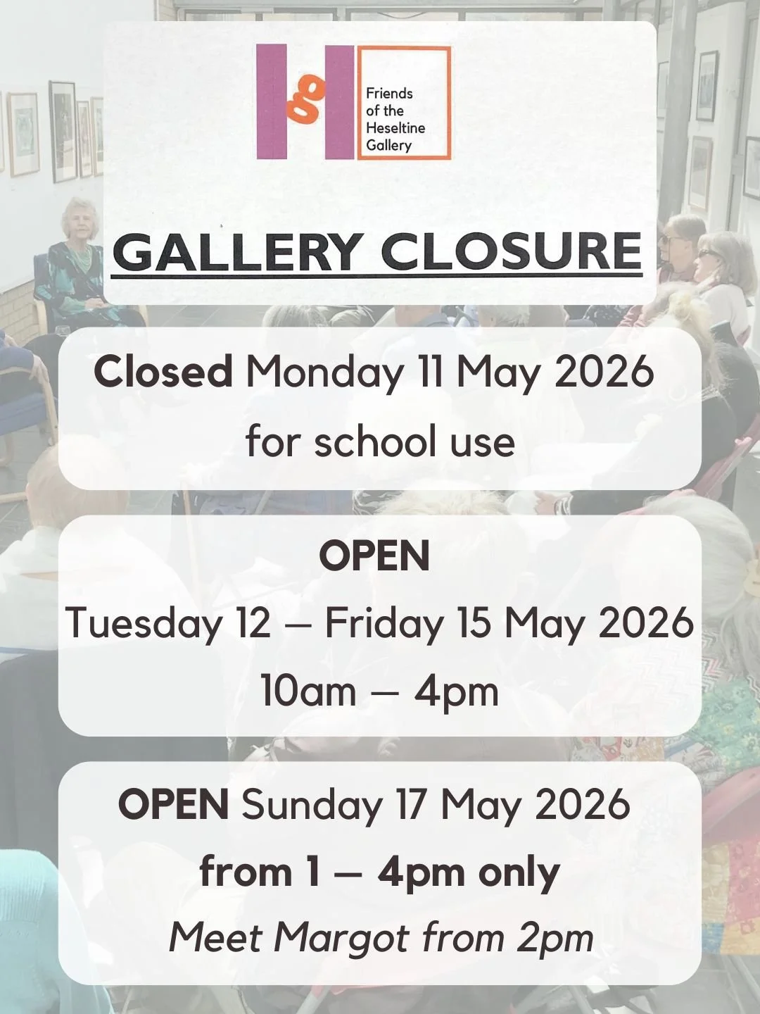 Gallery closed today! Sorry for any inconvenience.

We are open again tomorrow to Friday 15 May from 10am &ndash; 4pm

And Sunday 17 May from 1 &ndash; 4pm, meet Margot Bell from 2pm.

https://www.theheseltinegallery.org.uk/exhibitions-and-events/mar