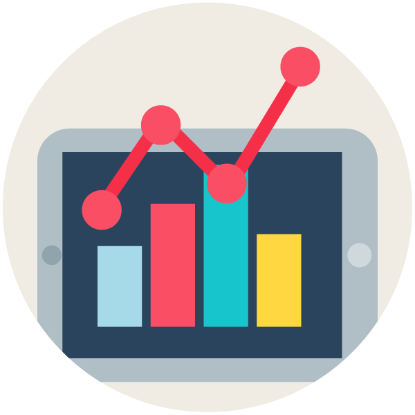 Digital tablet displaying a bar graph and a red line chart overlay.